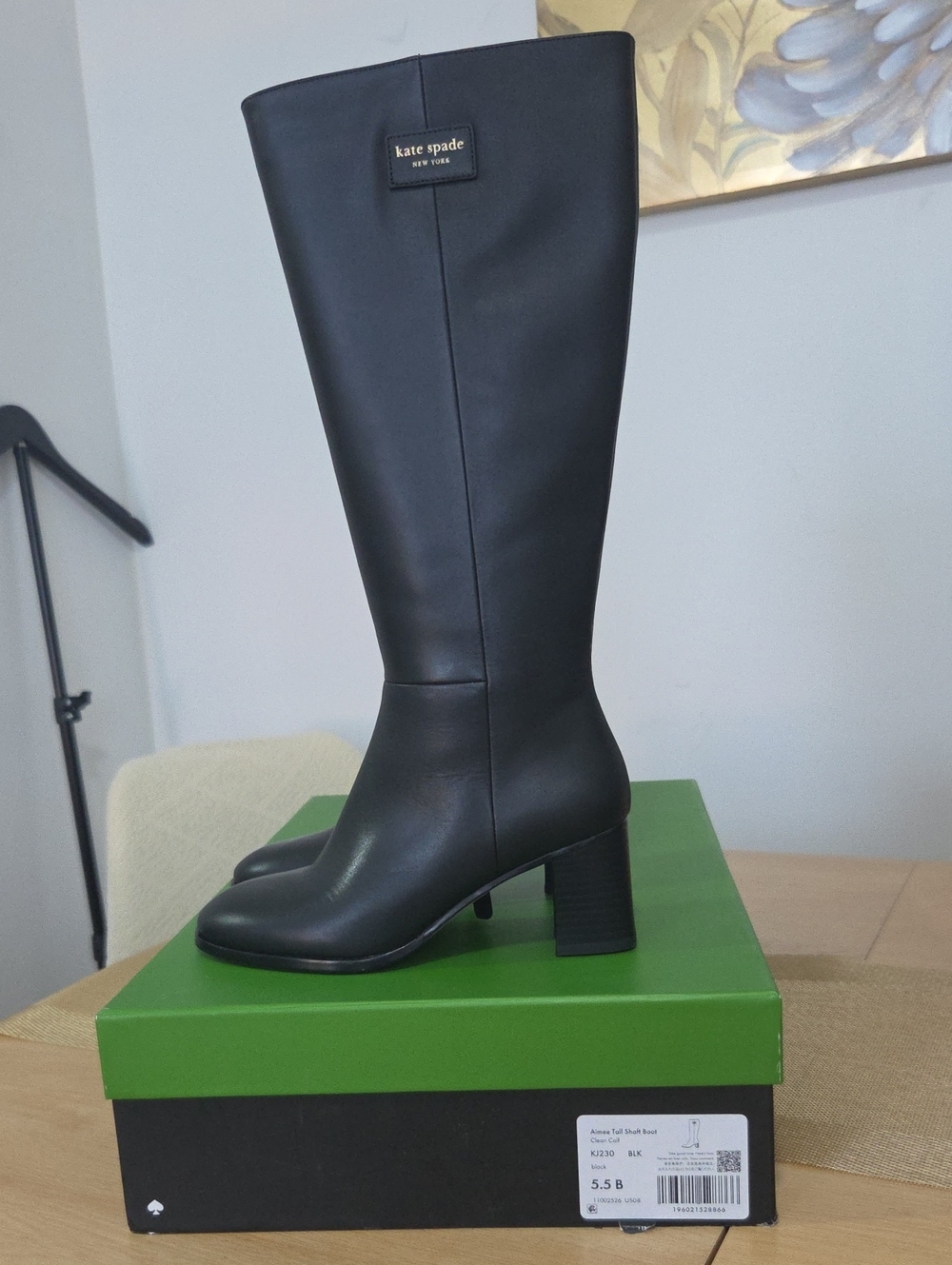 kate spade Black Leather Tall Block Heel Boots